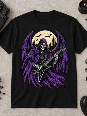Winged Skeleton Reaper Guitarist Rock Metal Graphic Tee